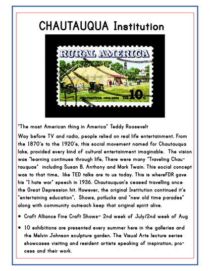 Poster about the Chautauqua Institution in Upstate New York, detailing its role in bringing education and entertainment to rural America. Featuring a stamp image and information on speaking events, performances, and craft shows. Perfect for your Wondermom Shop's Upstate New York Travel Guide and Activity Kit for Kids!