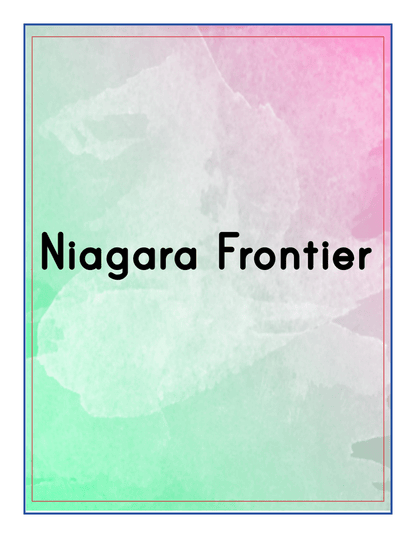 The "Niagara Frontier" text appears on a watercolor background featuring a gradient of green, pink, and white, making it perfect for the Wondermom Shop's Upstate New York Travel Guide and Activity Kit for Kids.