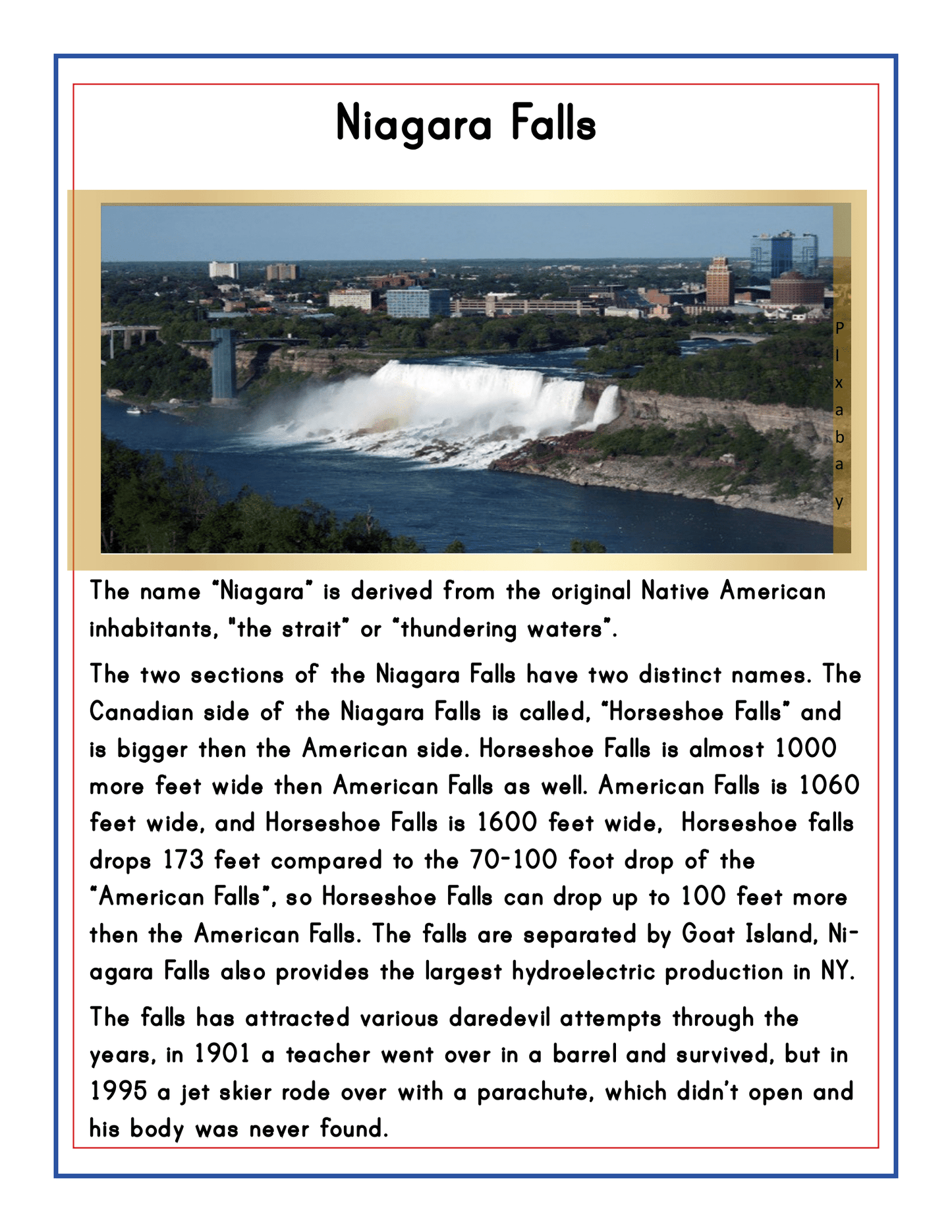Page titled "Niagara Falls" features an image of the falls along with comprehensive text covering their features, history, and notable incidents. The page details Niagara Falls' location in Upstate New York, describes the Canadian side known as Horseshoe Falls, and distinguishes between the three sections of the falls. It is an essential component of the "Upstate New York Travel Guide and Activity Kit for Kids" presented by Wondermom Shop—ideal for any travel guide focused on New York State.