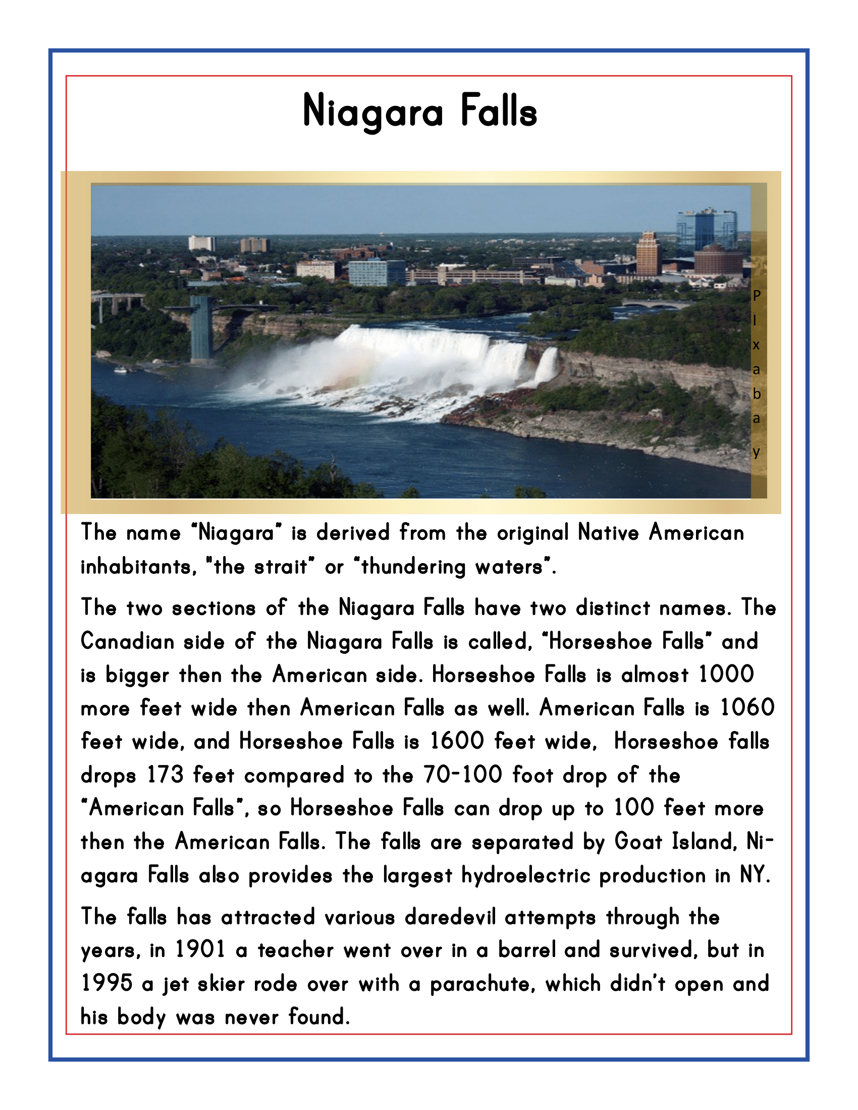 Page titled "Niagara Falls" features an image of the falls along with comprehensive text covering their features, history, and notable incidents. The page details Niagara Falls' location in Upstate New York, describes the Canadian side known as Horseshoe Falls, and distinguishes between the three sections of the falls. It is an essential component of the "Upstate New York Travel Guide and Activity Kit for Kids" presented by Wondermom Shop—ideal for any travel guide focused on New York State.