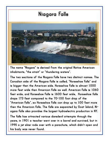 Page titled "Niagara Falls" features an image of the falls along with comprehensive text covering their features, history, and notable incidents. The page details Niagara Falls' location in Upstate New York, describes the Canadian side known as Horseshoe Falls, and distinguishes between the three sections of the falls. It is an essential component of the "Upstate New York Travel Guide and Activity Kit for Kids" presented by Wondermom Shop—ideal for any travel guide focused on New York State.