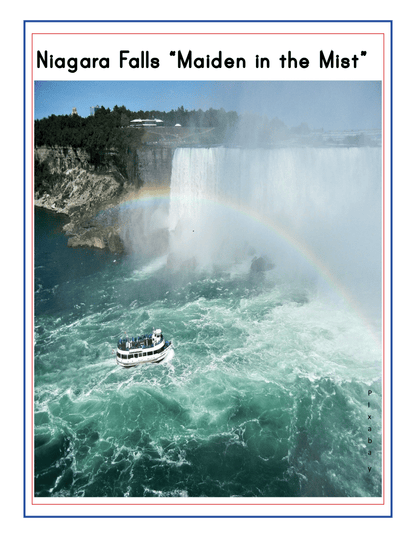 A boat navigates the turbulent waters beneath Niagara Falls, partially obscured by mist. A rainbow arcs through the misty air. Labeled "Maiden in the Mist," this iconic scene captures a must-see destination curated in the "Upstate New York Travel Guide and Activity Kit for Kids" from Wondermom Shop.