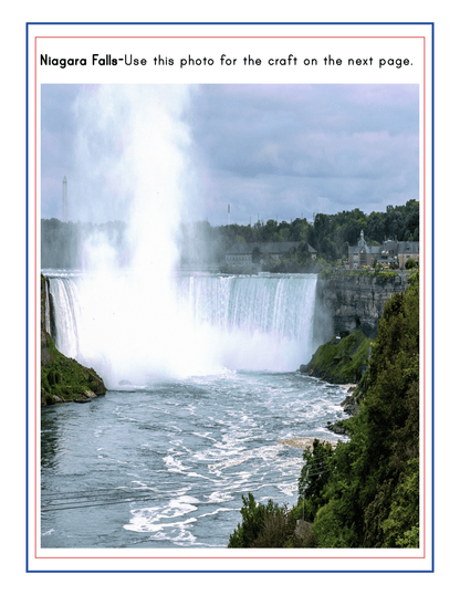 A stunning view of Niagara Falls with mist rising from the waterfall, surrounded by lush greenery and buildings in the background. Text reads: "Niagara Falls - Use this photo for the craft on the next page. Discover more in our Upstate New York Travel Guide and Activity Kit for Kids by Wondermom Shop.