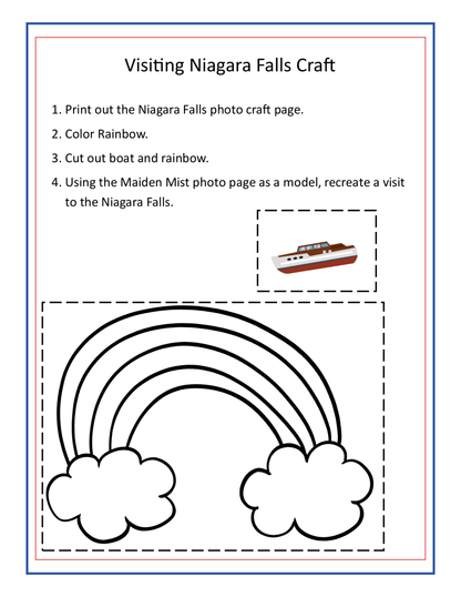 Printable craft instructions featuring Niagara Falls with outlines of a rainbow and boat to color and cut out, including a small photo of the famous Maid of the Mist. This fun project from Wondermom Shop's Upstate New York Travel Guide and Activity Kit for Kids also includes some travel guide information about Upstate New York.