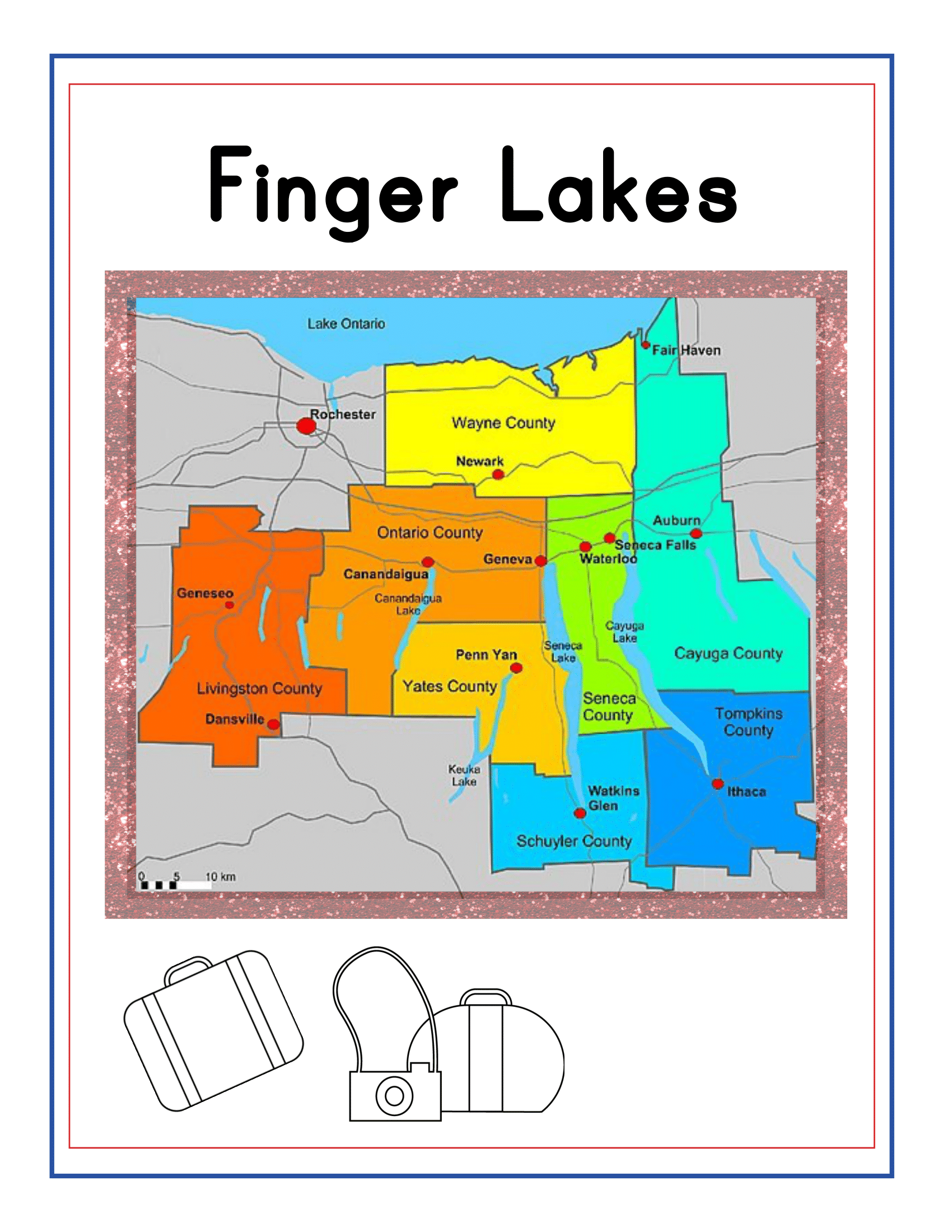 Map of the Finger Lakes region in Upstate New York, featuring colorful highlights of various counties and surrounded by a detailed border. The text "Finger Lakes" is prominently displayed at the top, accompanied by icons of a suitcase, camera, and backpack below. It's a perfect component of the Upstate New York Travel Guide and Activity Kit for Kids by Wondermom Shop for exploring this scenic part of New York State.