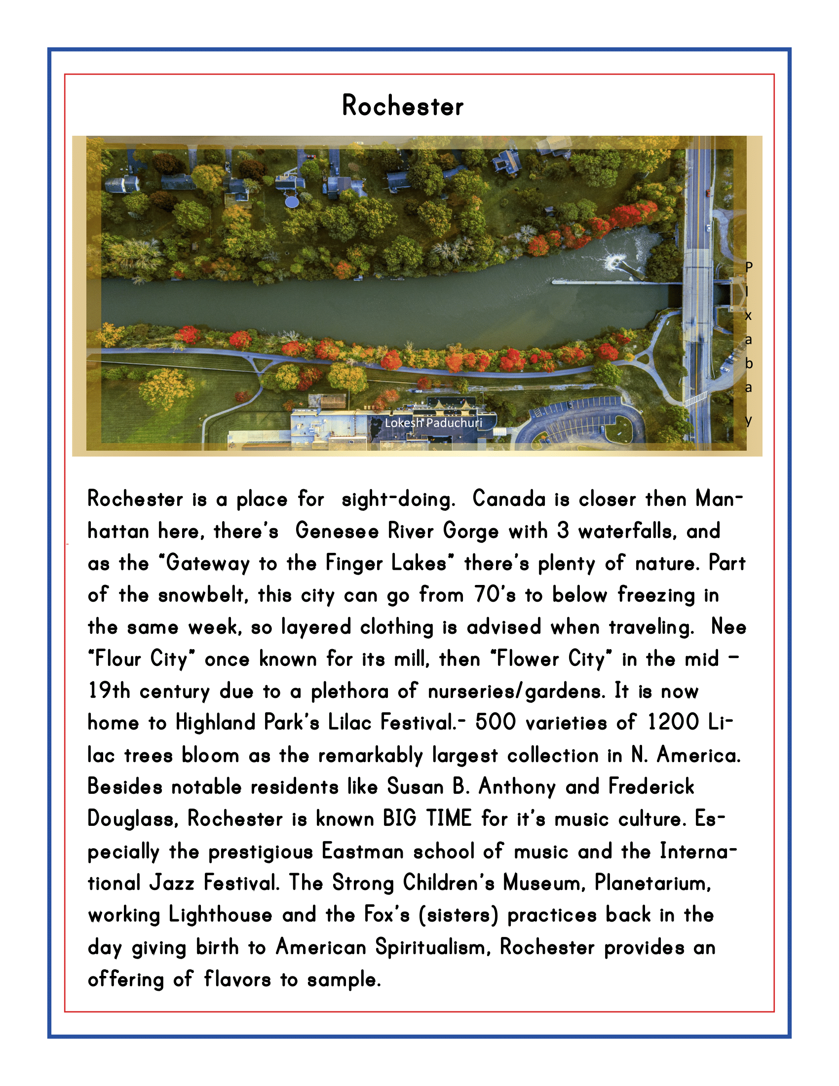 The Upstate New York Travel Guide and Activity Kit for Kids by Wondermom Shop features an engaging aerial map of Rochester, highlighting notable landmarks and attractions such as parks, museums, and the river. This informative text underscores the city's distinctive features and rich cultural significance, making it an ideal inclusion for any children's travel guide.