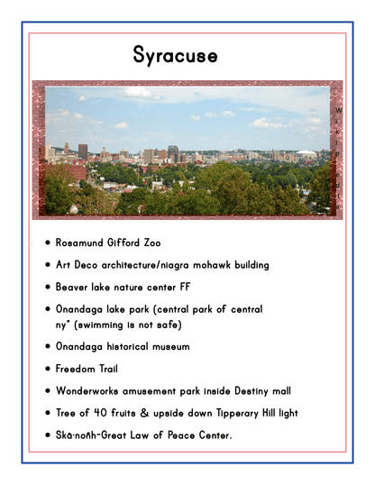 Discover the "Upstate New York Travel Guide and Activity Kit for Kids" by Wondermom Shop, highlighting Syracuse’s attractions such as the Rosamund Gifford Zoo, Erie Canal Museum, Onondaga Lake Park, and Skä·noñh-Great Law of Peace Center. An image of the Syracuse skyline graces the top of this engaging guide.
