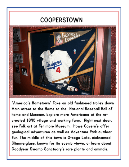 Display case featuring a Brooklyn Dodgers baseball jersey, bat, and glove. Background text describes Cooperstown's attractions, including museums, historic sites, and outdoor activities—perfect for any Wondermom Shop's Upstate New York Travel Guide and Activity Kit for Kids.