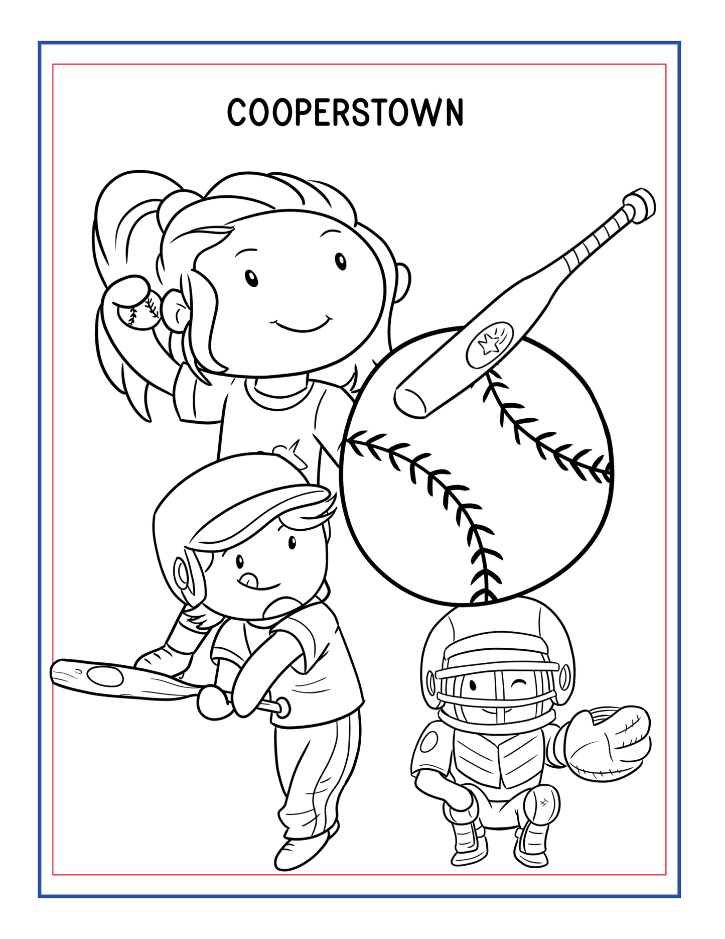Black and white illustration of children playing baseball and football, featuring a large baseball, a bat, a child in a baseball pose, and another in football gear. Text at the top reads "COOPERSTOWN," highlighting this iconic Upstate New York destination. Part of the Upstate New York Travel Guide and Activity Kit for Kids by Wondermom Shop.