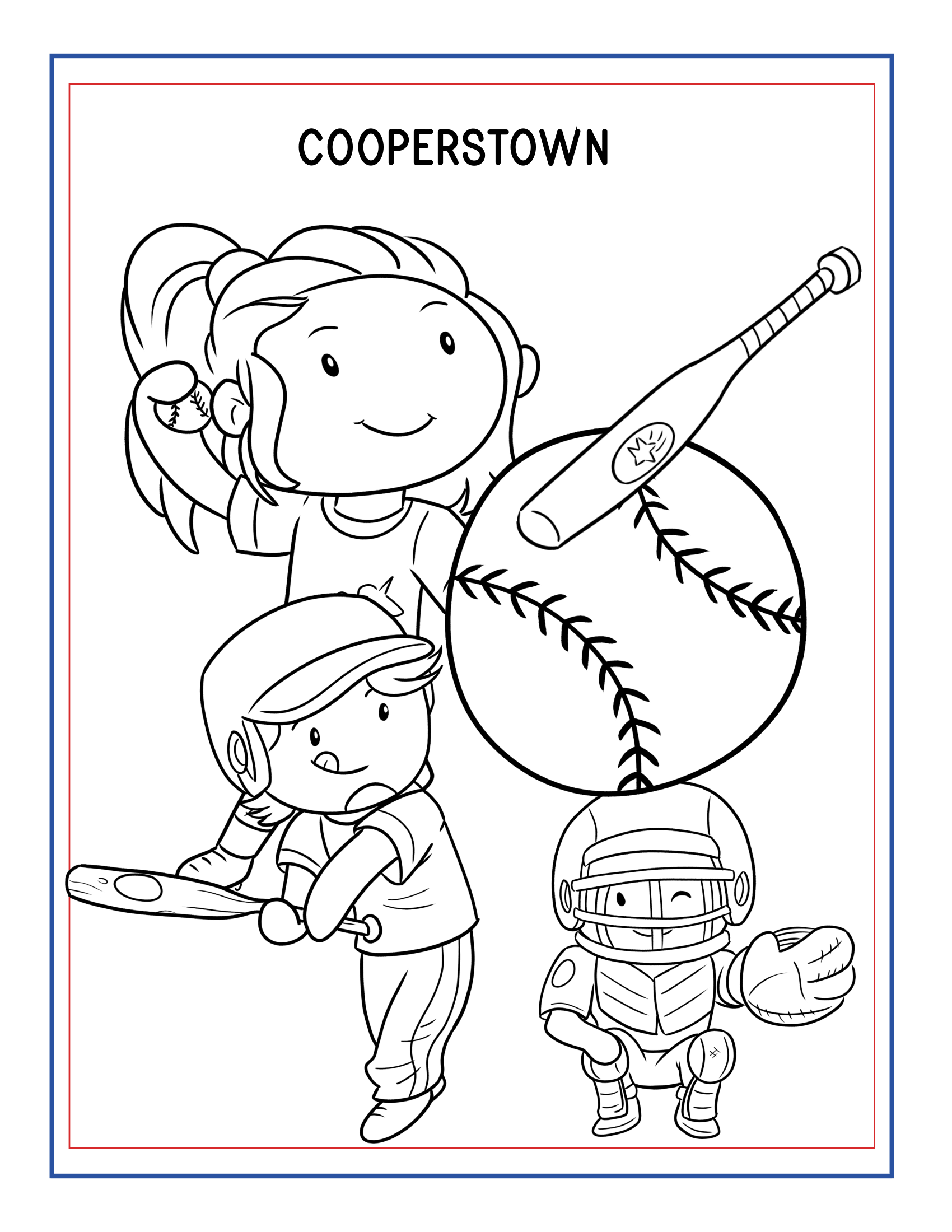 Black and white illustration of children playing baseball and football, featuring a large baseball, a bat, a child in a baseball pose, and another in football gear. Text at the top reads "COOPERSTOWN," highlighting this iconic Upstate New York destination. Part of the Upstate New York Travel Guide and Activity Kit for Kids by Wondermom Shop.