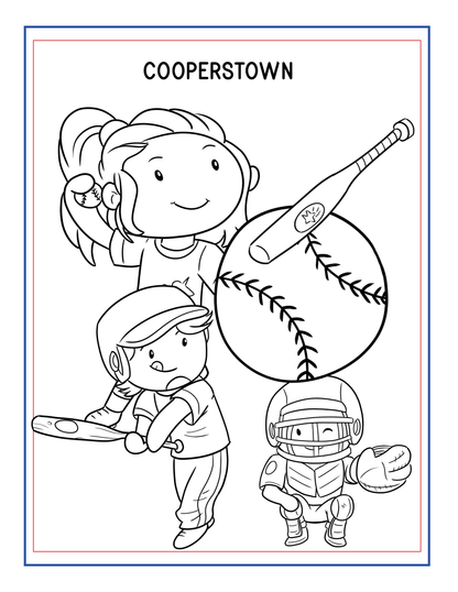 Black and white illustration of children playing baseball and football, featuring a large baseball, a bat, a child in a baseball pose, and another in football gear. Text at the top reads "COOPERSTOWN," highlighting this iconic Upstate New York destination. Part of the Upstate New York Travel Guide and Activity Kit for Kids by Wondermom Shop.