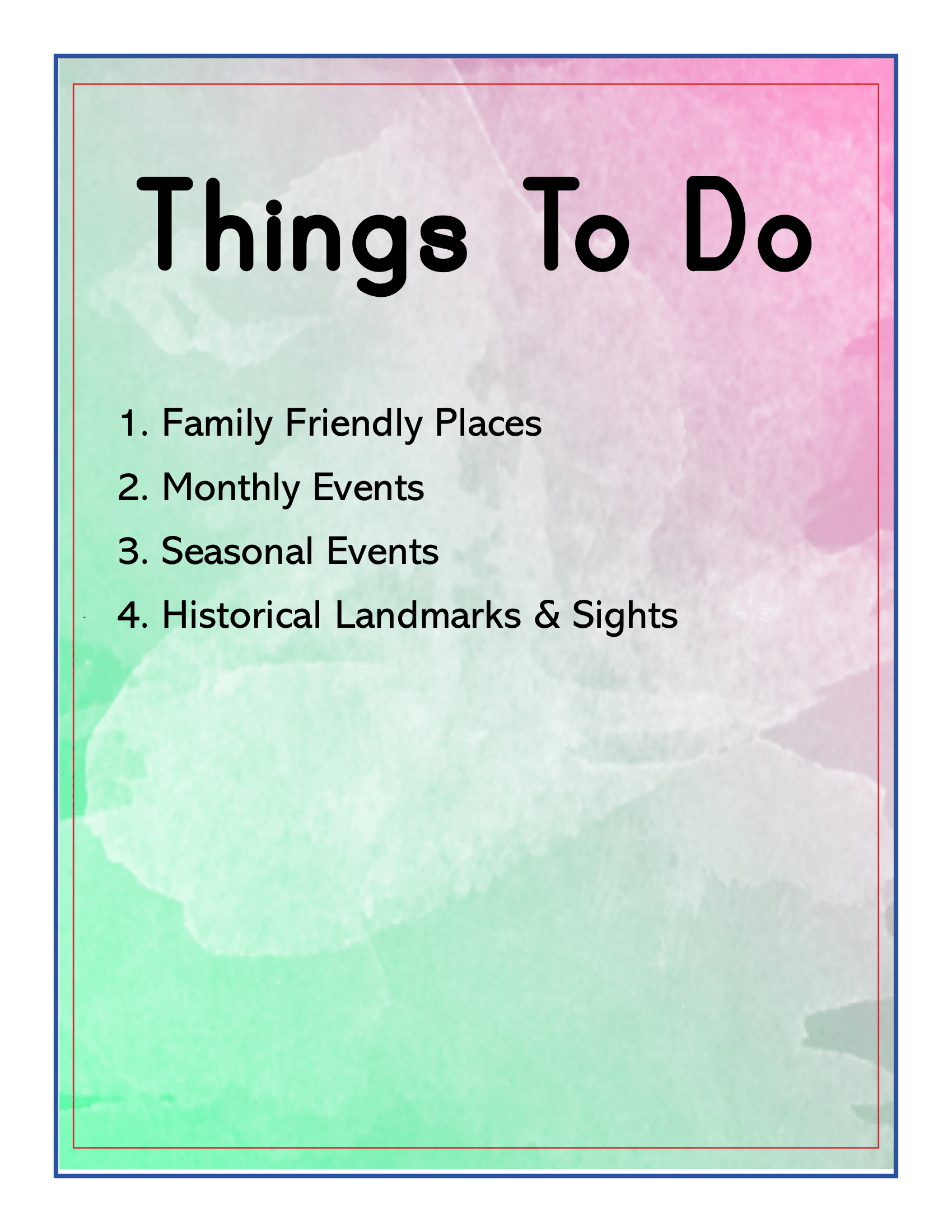 The "Upstate New York Travel Guide and Activity Kit for Kids" by Wondermom Shop features a vibrant gradient background "Things To Do" list, which includes: 1. Family Friendly Places, 2. Monthly Events, 3. Seasonal Events, and 4. Historical Landmarks & Sights in Upstate New York.