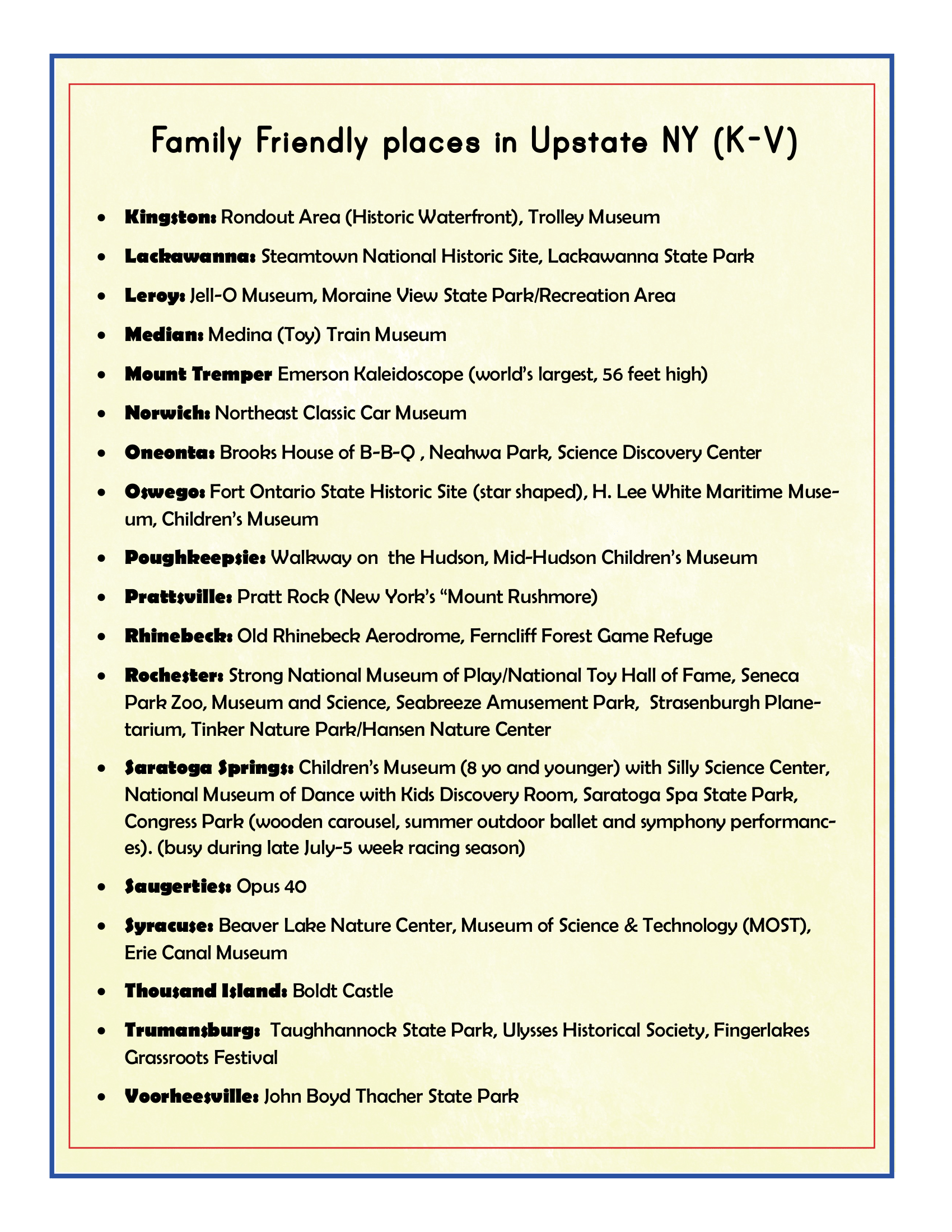 A travel guide titled "Upstate New York Travel Guide and Activity Kit for Kids" by Wondermom Shop, featuring various destinations including museums, nature trails, parks, and historical sites in towns from Kingston to Voorheesville. Explore the best of Upstate New York with your family.