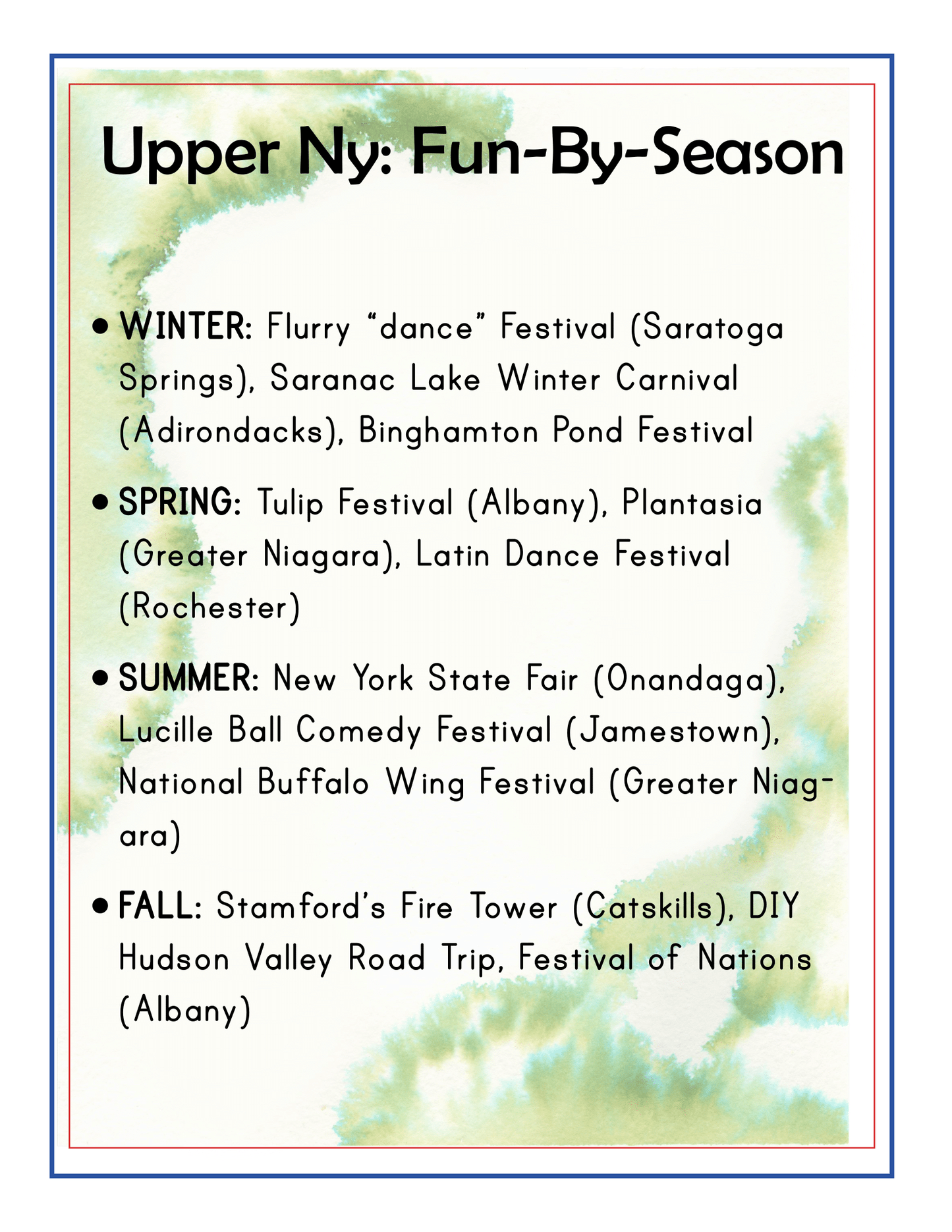 Discover the perfect travel guide to experiencing the seasonal delights of Upstate New York with the Upstate New York Travel Guide and Activity Kit for Kids by Wondermom Shop. An image shows a list of seasonal festivals in Upper NY, including winter's Flurry Festival, spring's Tulip Festival, summer's New York State Fair, and fall's Stamford's Fire Tower.