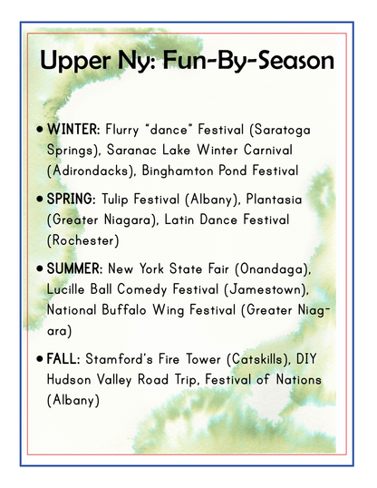 Discover the perfect travel guide to experiencing the seasonal delights of Upstate New York with the Upstate New York Travel Guide and Activity Kit for Kids by Wondermom Shop. An image shows a list of seasonal festivals in Upper NY, including winter's Flurry Festival, spring's Tulip Festival, summer's New York State Fair, and fall's Stamford's Fire Tower.