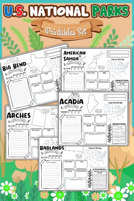 Introducing the U.S. National Park Fun Fact Activity Book from Wondermom Shop, a digital downloadable PDF featuring activity sheets for U.S. National Parks such as Big Bend, American Samoa, Acadia, Arches, and Badlands. This delightful set is beautifully presented against a green floral-themed background.