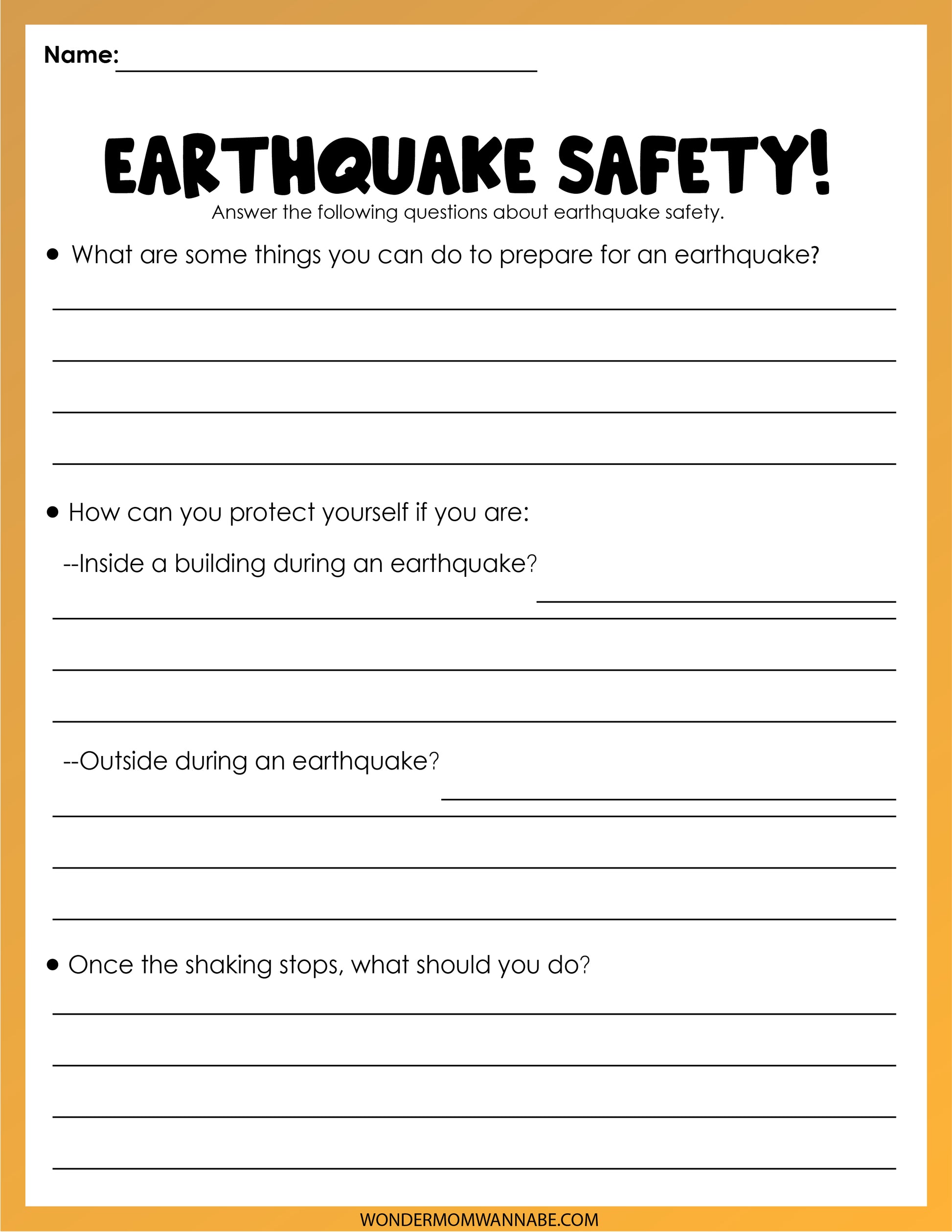 Included in the Wondermom Shop's "Natural Disasters Activity Set" is a digital worksheet titled "Earthquake Safety," which features sections for questions on preparing for an earthquake, protecting oneself both inside and outside during one, and actions to take after the shaking stops.