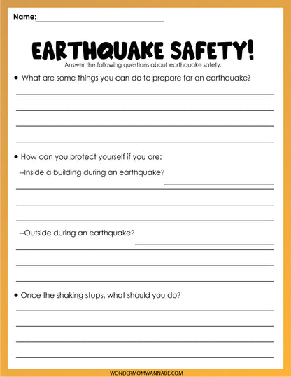 Included in the Wondermom Shop's "Natural Disasters Activity Set" is a digital worksheet titled "Earthquake Safety," which features sections for questions on preparing for an earthquake, protecting oneself both inside and outside during one, and actions to take after the shaking stops.