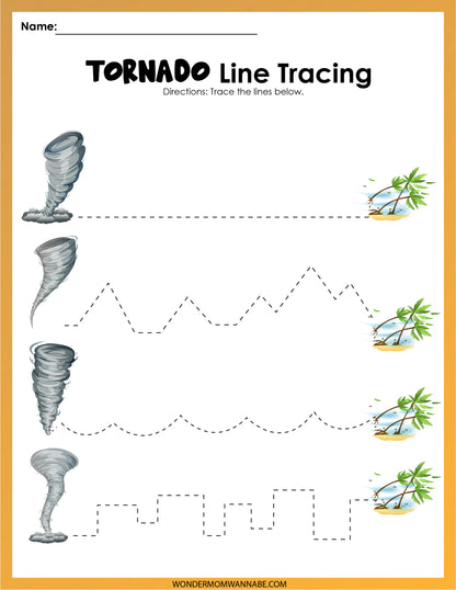 Introducing the "Natural Disasters Activity Set" from Wondermom Shop! It includes a digital product titled "Tornado Line Tracing," where kids can trace dotted lines from tornadoes on the left to palm trees on the right. With four unique line patterns, this set is an ideal addition to any educational activity collection.
