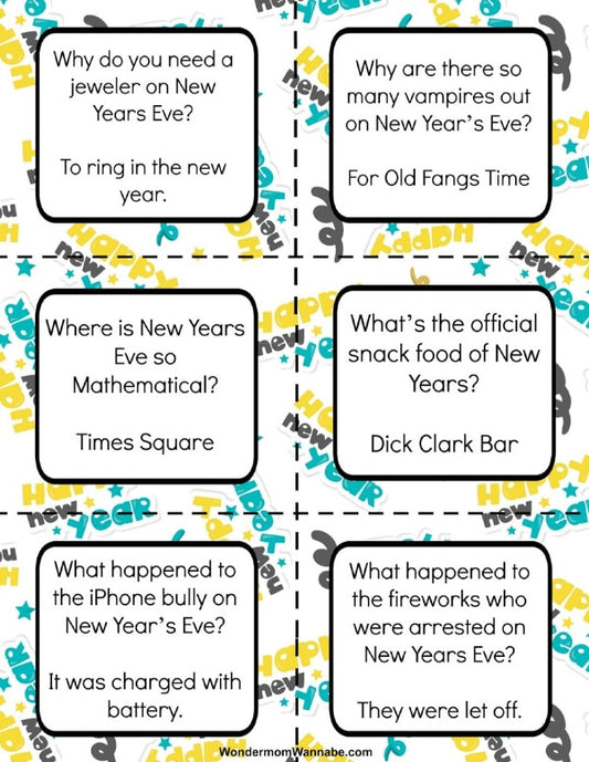 VIP Vault's New Year Lunch Box Jokes for Kids features a grid of printable jokes, perfect for New Year's Eve. Each box includes a question and pun-based answer with colorful graphics to brighten any day.