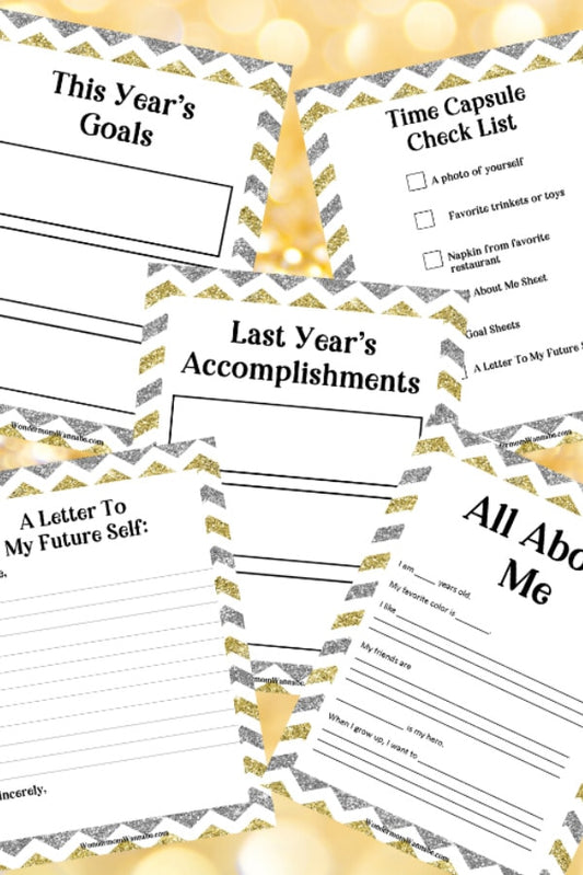 A set of VIP Vault New Year Time Capsule Box printables for new year's goals.