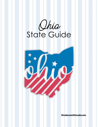 Cover of the "Ohio Travel Guide and Activity Kit for Kids" from Wondermom Shop shows a stylized map of Ohio featuring blue and red sections with white stars and stripes, along with the word "Ohio" in cursive. The website "WondermomWannabe.com" at the bottom offers additional resources like Ohio activities for families.