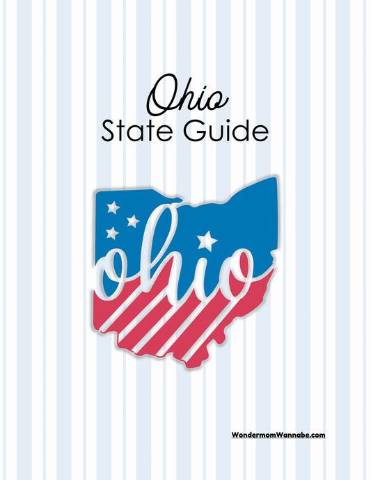 Cover of the "Ohio Travel Guide and Activity Kit for Kids" from Wondermom Shop shows a stylized map of Ohio featuring blue and red sections with white stars and stripes, along with the word "Ohio" in cursive. The website "WondermomWannabe.com" at the bottom offers additional resources like Ohio activities for families.