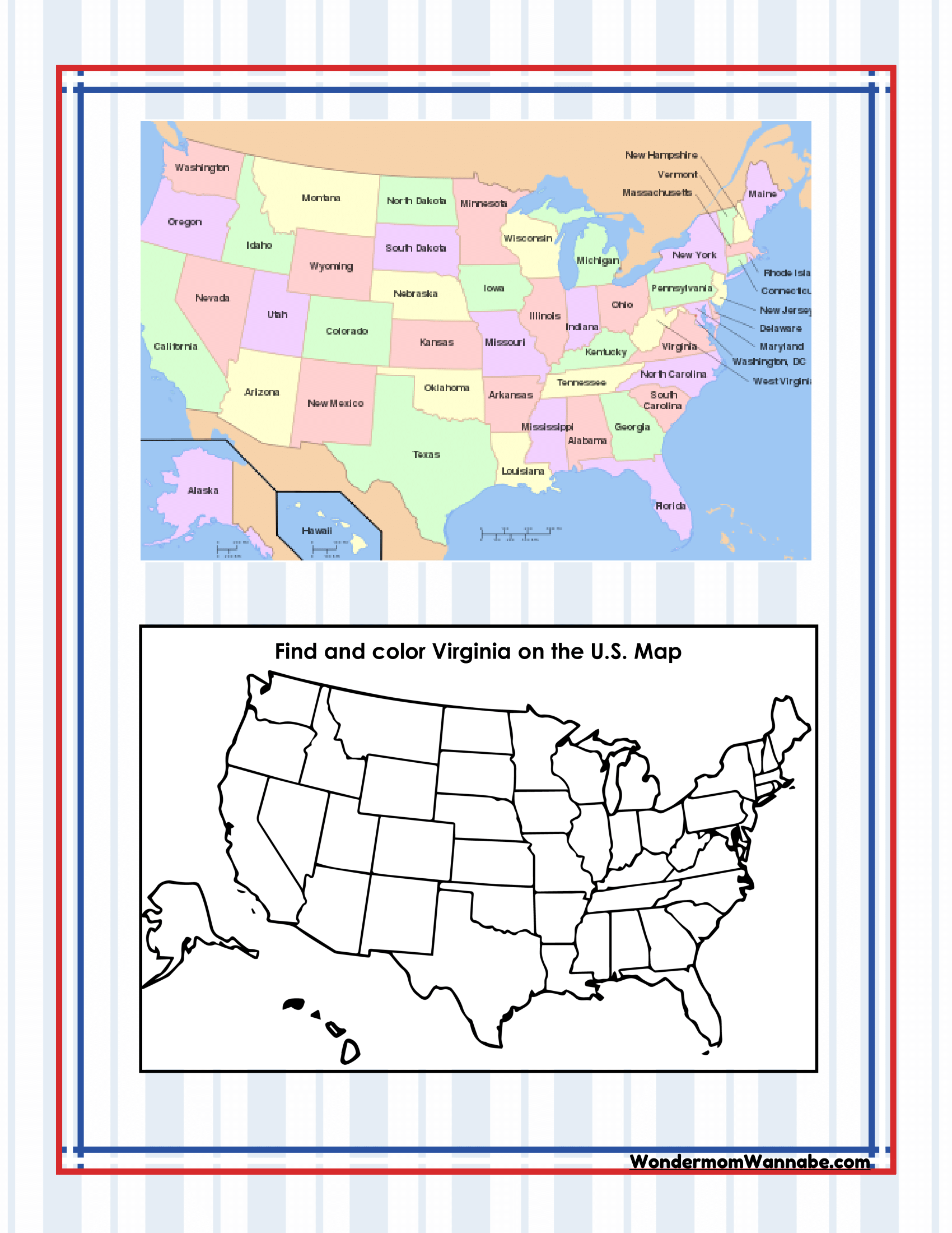 Above a black and white outline map, you'll find a colorful labeled map of the United States with a prompt to find and color Virginia. Perfect for those exploring Ohio state coloring pages or seeking fun Ohio activities from the Ohio Travel Guide and Activity Kit for Kids by Wondermom Shop!