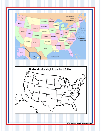 Above a black and white outline map, you'll find a colorful labeled map of the United States with a prompt to find and color Virginia. Perfect for those exploring Ohio state coloring pages or seeking fun Ohio activities from the Ohio Travel Guide and Activity Kit for Kids by Wondermom Shop!