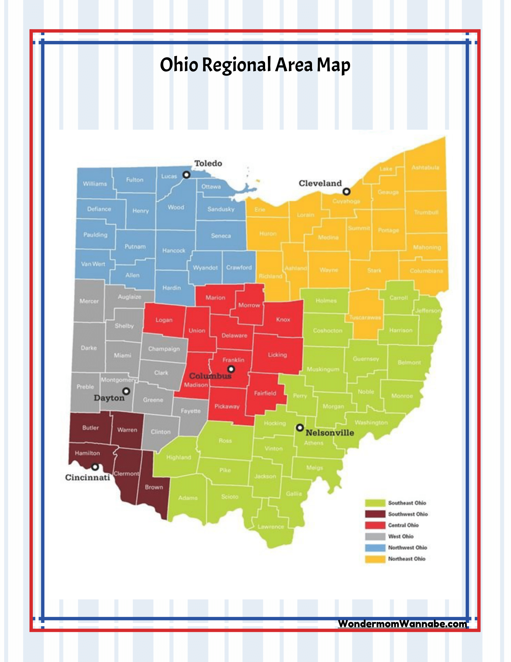 Explore Ohio with the color-coded "Ohio Travel Guide and Activity Kit for Kids" from Wondermom Shop, featuring regional divisions: Northwest, Northeast, Southeast, Southwest, and West Central. Major cities like Cleveland (complete with visitor information), Toledo, Dayton, Cincinnati, and Nelsonville are prominently labeled.