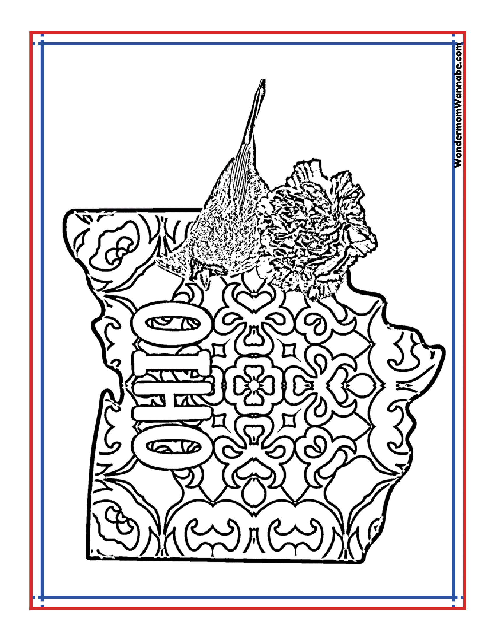 Experience the Ohio Travel Guide and Activity Kit for Kids by Wondermom Shop, featuring an outline of the state of Ohio adorned with a cardinal and a carnation flower set against a patterned backdrop, all encased in a red and blue bordered frame—ideal for creating your personalized Ohio state coloring pages.