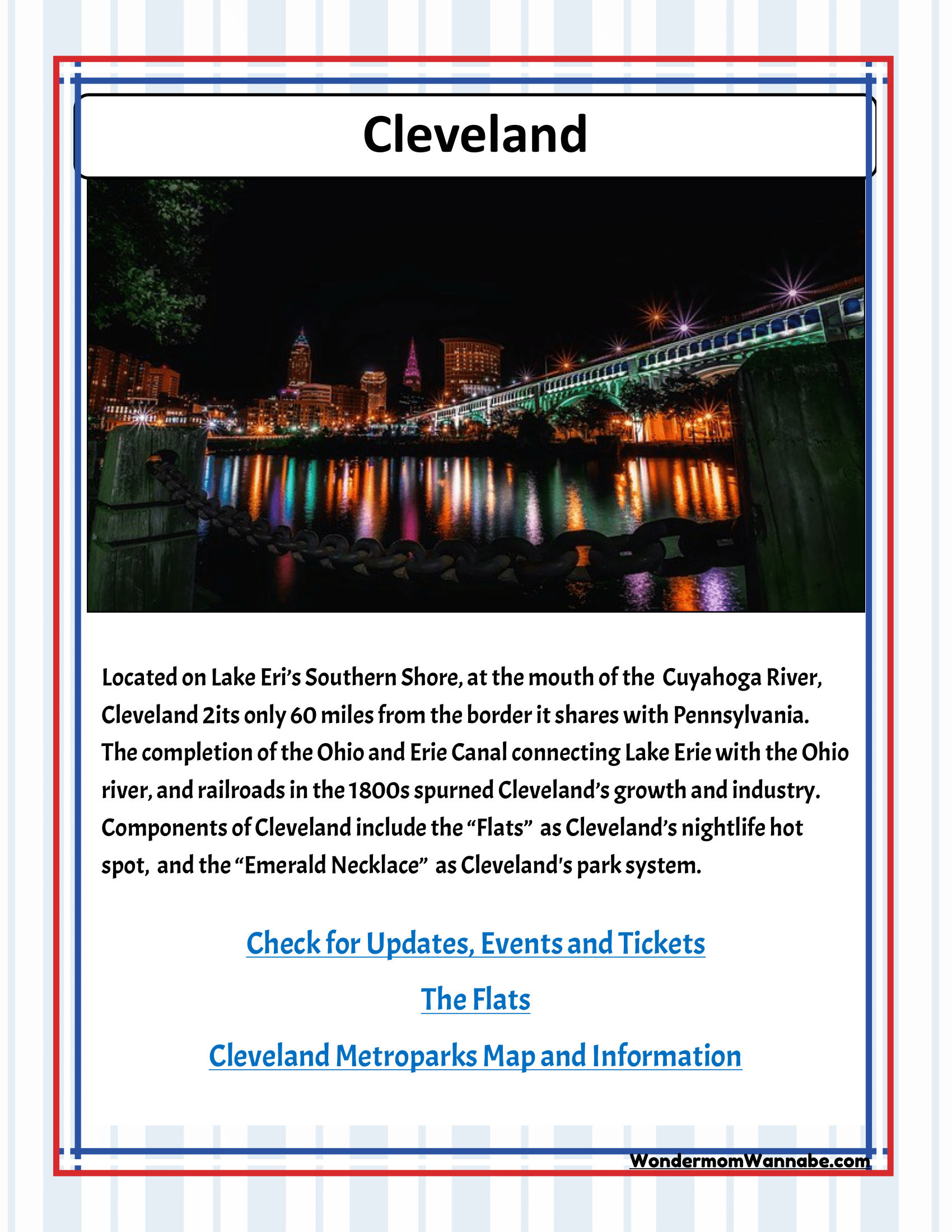 Promote Cleveland with the Ohio Travel Guide and Activity Kit for Kids by Wondermom Shop, featuring its prime location, historical ties to waterways and railroads, and must-see attractions like The Flats and the Emerald Necklace park system. Ideal for families seeking Cleveland visitor information or exploring fun activities in Ohio.