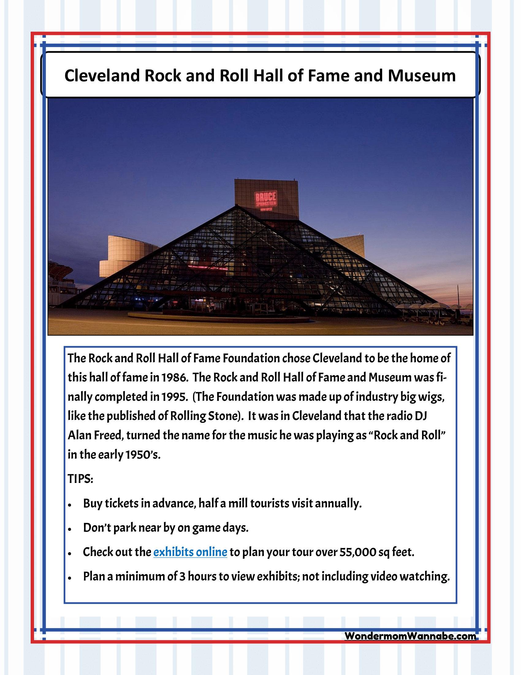 Explore the exterior view of the Cleveland Rock and Roll Hall of Fame and Museum, complete with insights on its history, opening details, ticketing information, and guided tour tips in the accompanying text. Ideal for anyone seeking exciting Ohio activities or looking for comprehensive Cleveland visitor information. Don't forget to check out our Ohio Travel Guide and Activity Kit for Kids by Wondermom Shop!