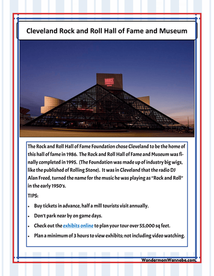 Explore the exterior view of the Cleveland Rock and Roll Hall of Fame and Museum, complete with insights on its history, opening details, ticketing information, and guided tour tips in the accompanying text. Ideal for anyone seeking exciting Ohio activities or looking for comprehensive Cleveland visitor information. Don't forget to check out our Ohio Travel Guide and Activity Kit for Kids by Wondermom Shop!