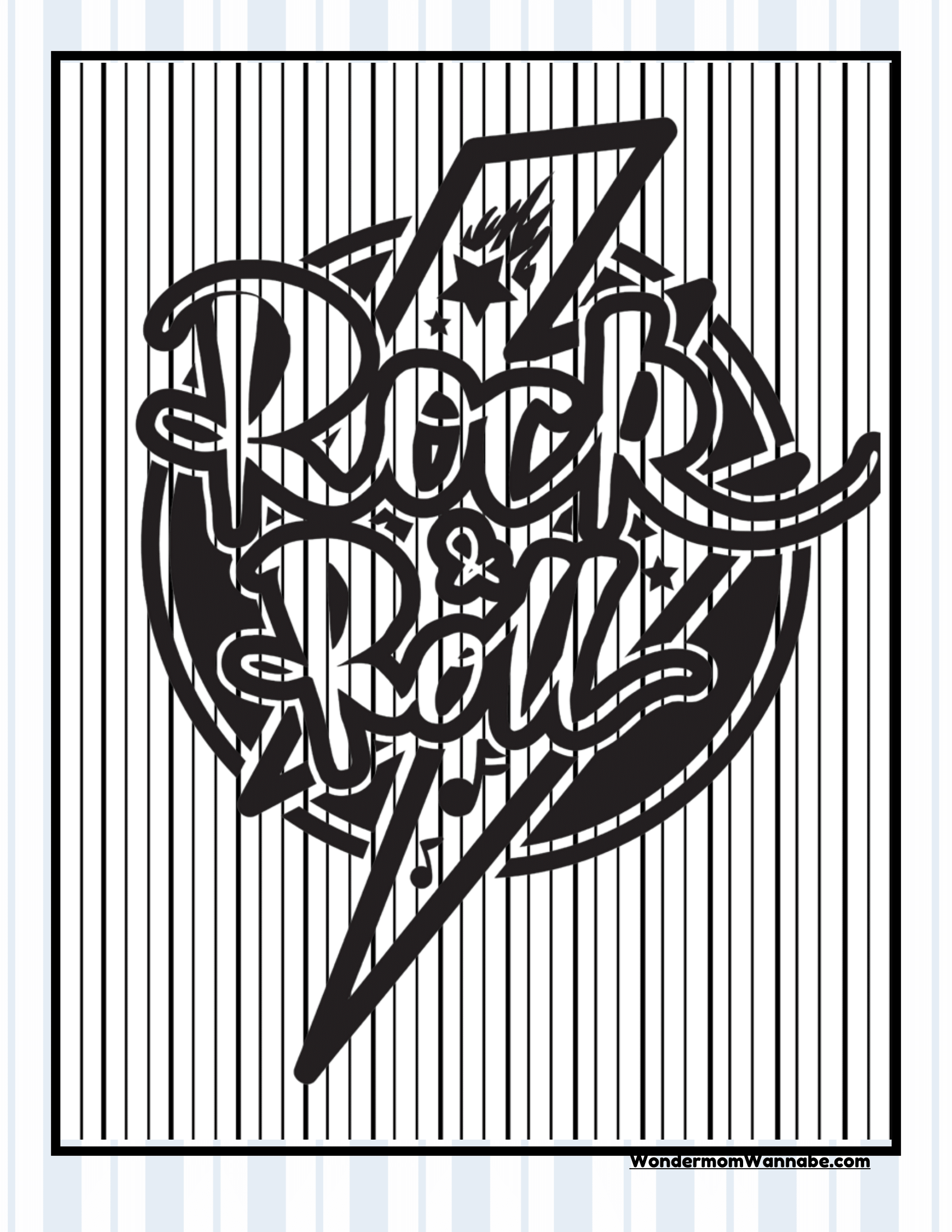 A black and white graphic with the text "Rock & Roll" in bold stylized font, featuring a lightning bolt and star accents, set behind a vertical stripe pattern—perfect for adding to your Ohio Travel Guide and Activity Kit for Kids by Wondermom Shop, or for sharing Cleveland visitor information.
