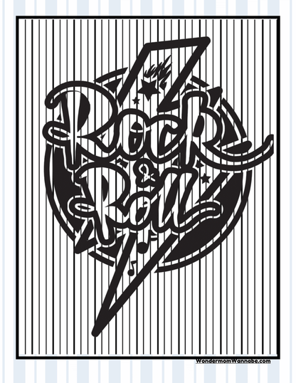 A black and white graphic with the text "Rock & Roll" in bold stylized font, featuring a lightning bolt and star accents, set behind a vertical stripe pattern—perfect for adding to your Ohio Travel Guide and Activity Kit for Kids by Wondermom Shop, or for sharing Cleveland visitor information.