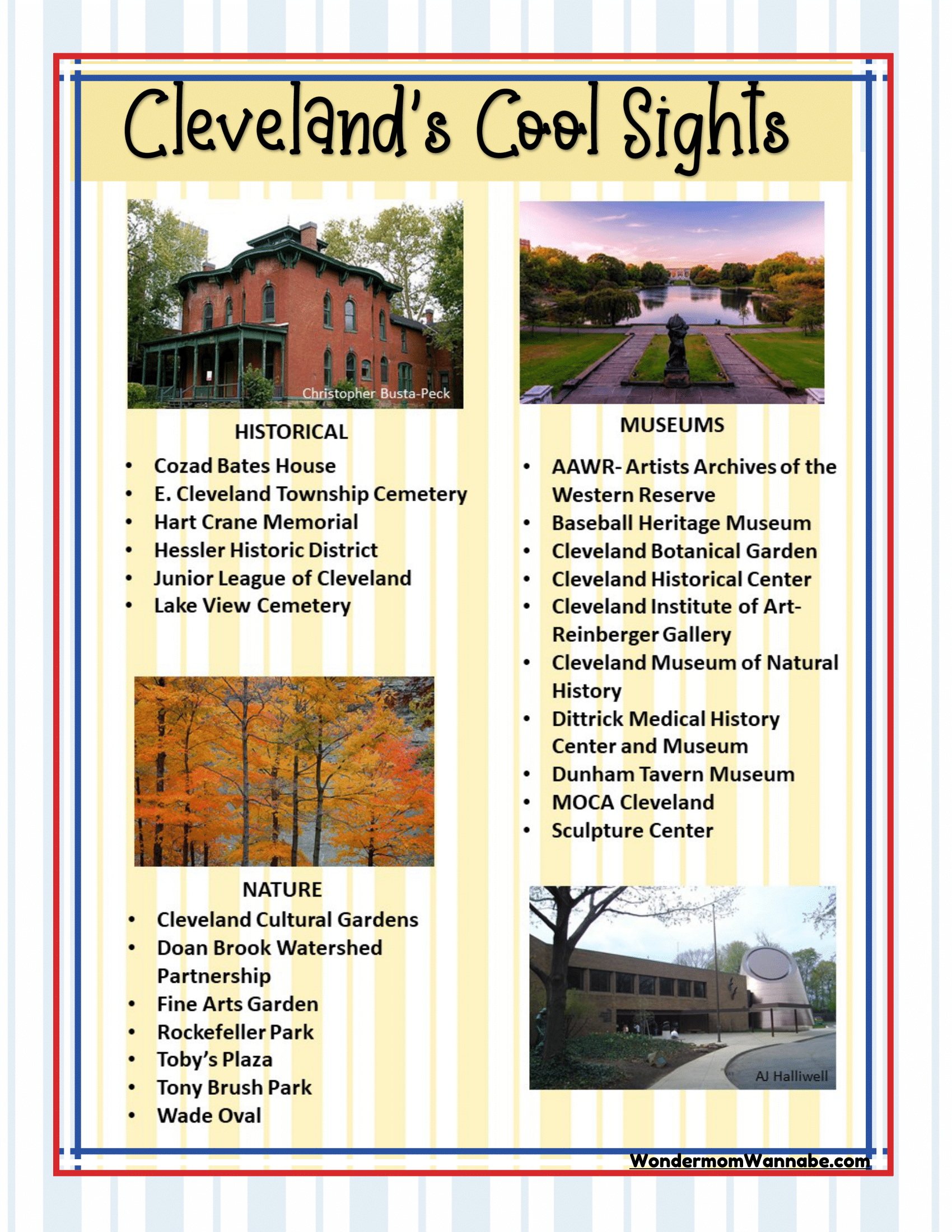 A flyer titled "Ohio's Cool Sights" from Wondermom Shop features the Ohio Travel Guide and Activity Kit for Kids, listing attractions in three categories: Historical, Museums, and Nature. It highlights places like Cleveland Cultural Gardens and Rock & Roll Hall of Fame. Perfect for those seeking comprehensive Cleveland visitor information, it’s ideal for planning your Ohio activities with kids.