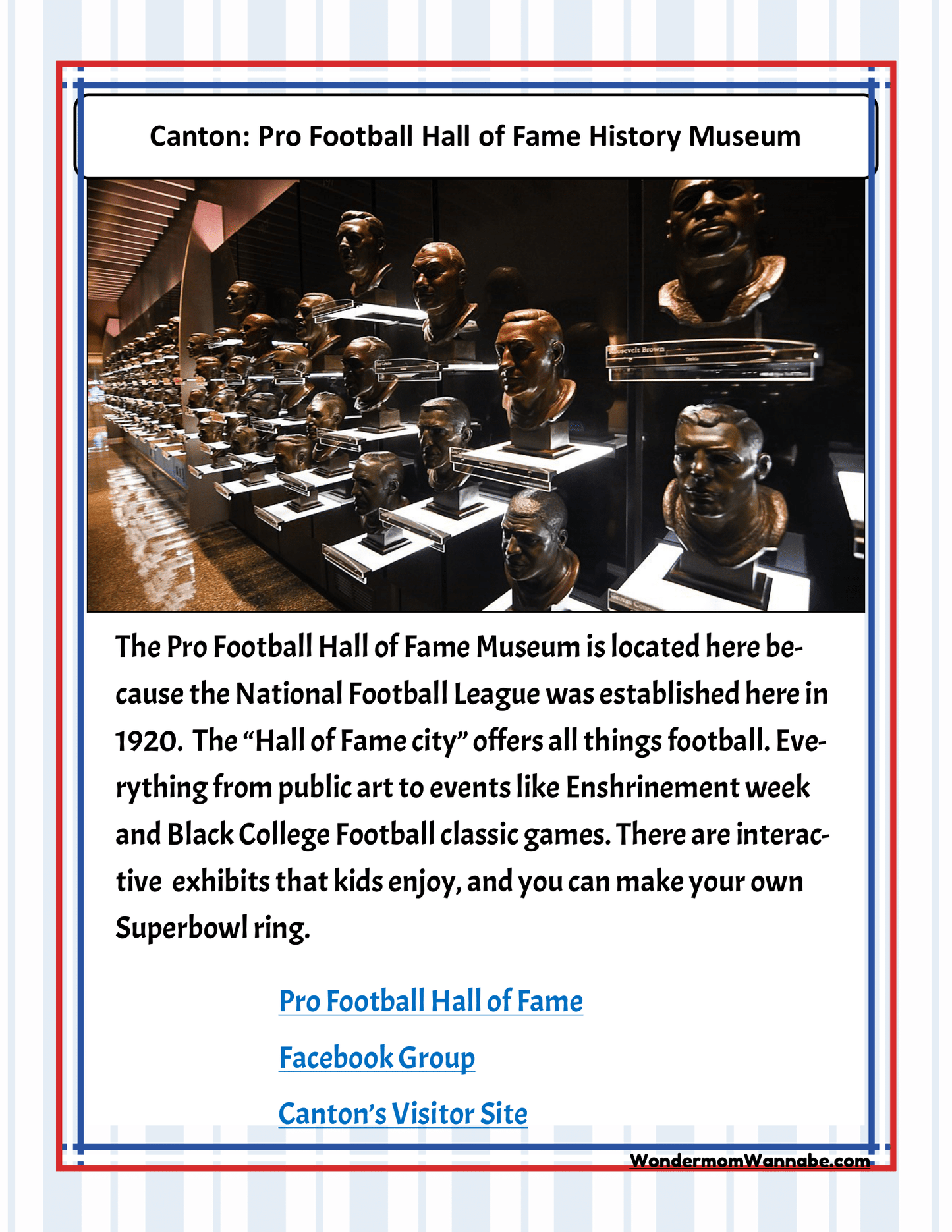 Explore a display featuring busts of American football players at the Pro Football Hall of Fame History Museum in Canton, accompanied by informational text about the museum. Enhance your visit with the Ohio Travel Guide and Activity Kit for Kids by Wondermom Shop, which includes links to Ohio activities and related websites.