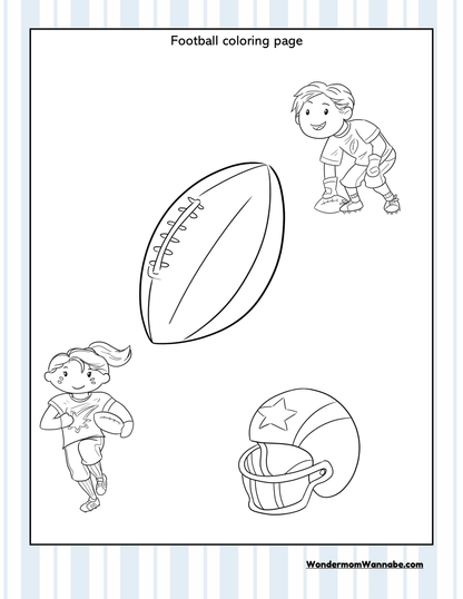 Discover a black and white football coloring page featuring a football, two children in football gear, and a helmet. Ideal for fans seeking Ohio state-themed activities or looking for fun ways to engage with the "Ohio Travel Guide and Activity Kit for Kids" by Wondermom Shop!