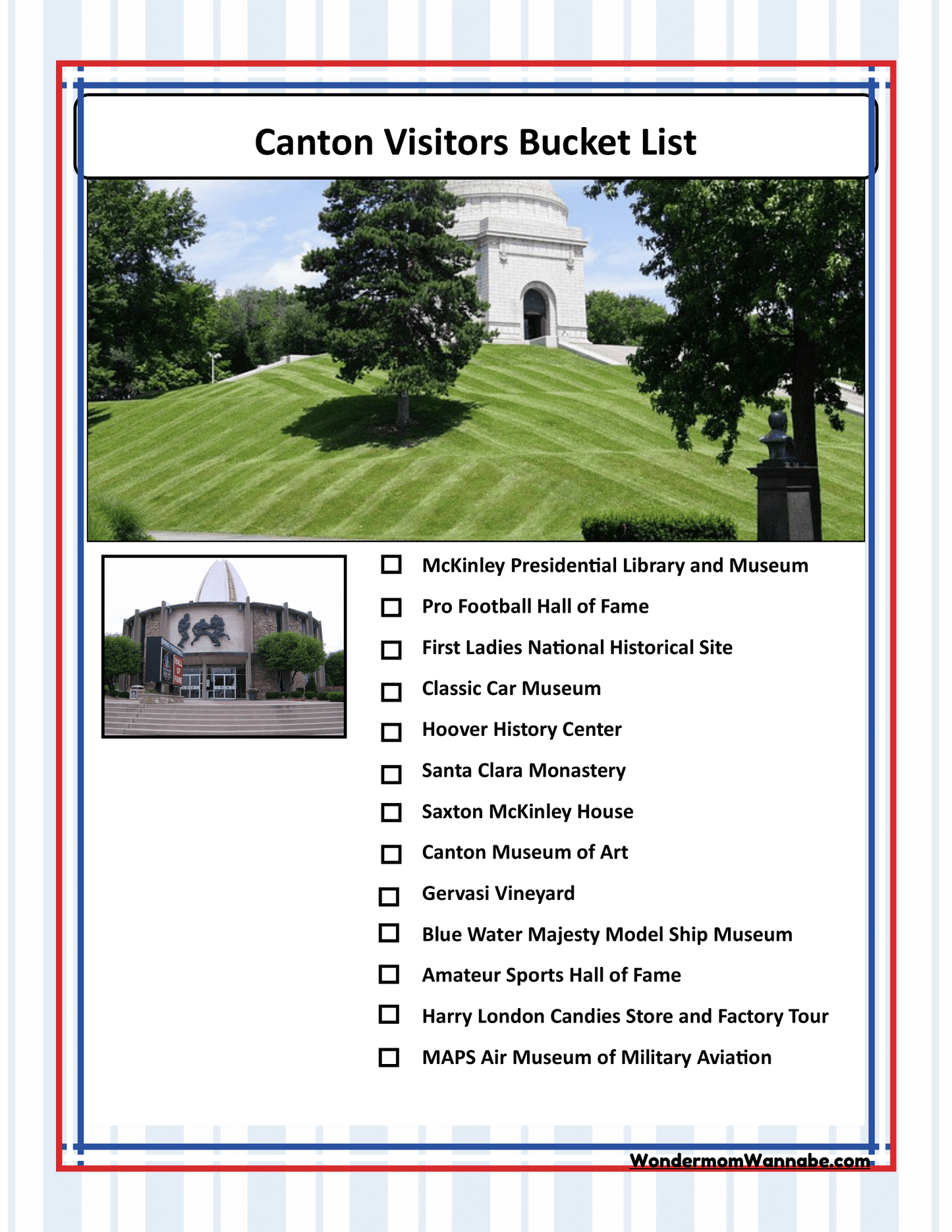 An image of the "Ohio Travel Guide and Activity Kit for Kids" from Wondermom Shop, showing a "Canton Visitors Bucket List," with photos and checkboxes for attractions such as the McKinley Presidential Library, Pro Football Hall of Fame, and First Ladies National Historic Site.