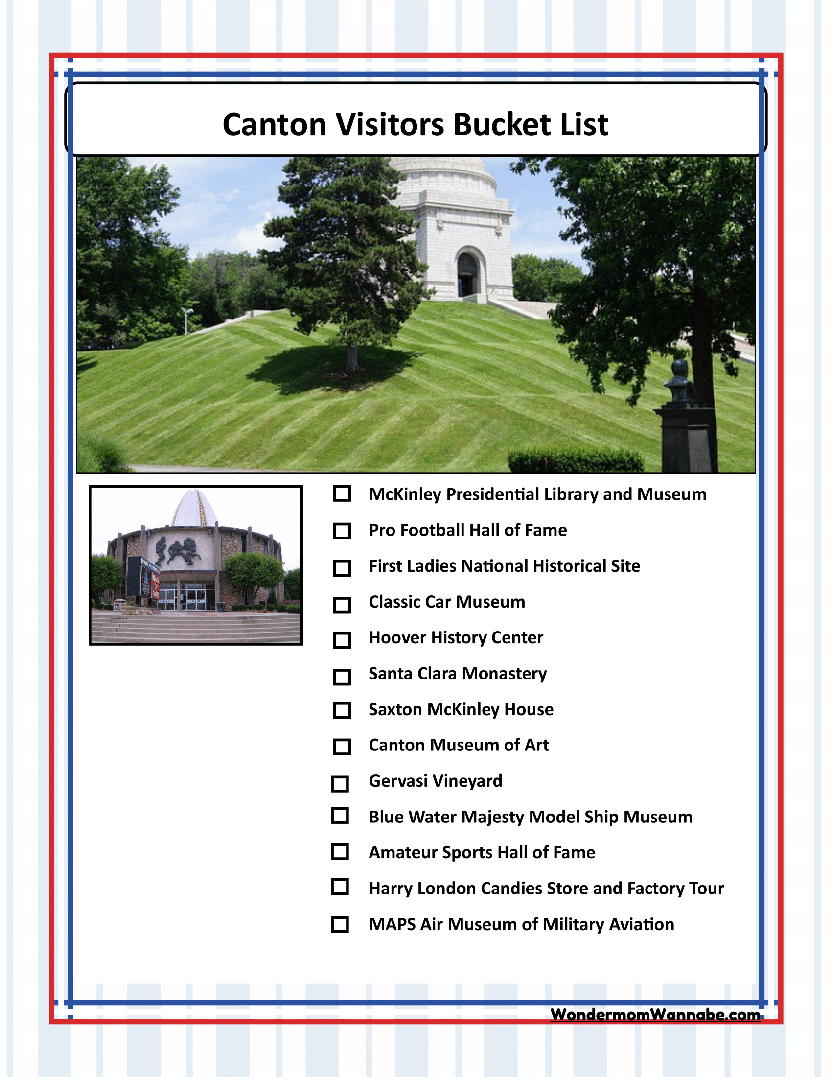 An image of the "Ohio Travel Guide and Activity Kit for Kids" from Wondermom Shop, showing a "Canton Visitors Bucket List," with photos and checkboxes for attractions such as the McKinley Presidential Library, Pro Football Hall of Fame, and First Ladies National Historic Site.