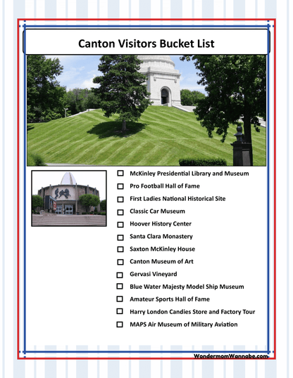 An image of the "Ohio Travel Guide and Activity Kit for Kids" from Wondermom Shop, showing a "Canton Visitors Bucket List," with photos and checkboxes for attractions such as the McKinley Presidential Library, Pro Football Hall of Fame, and First Ladies National Historic Site.