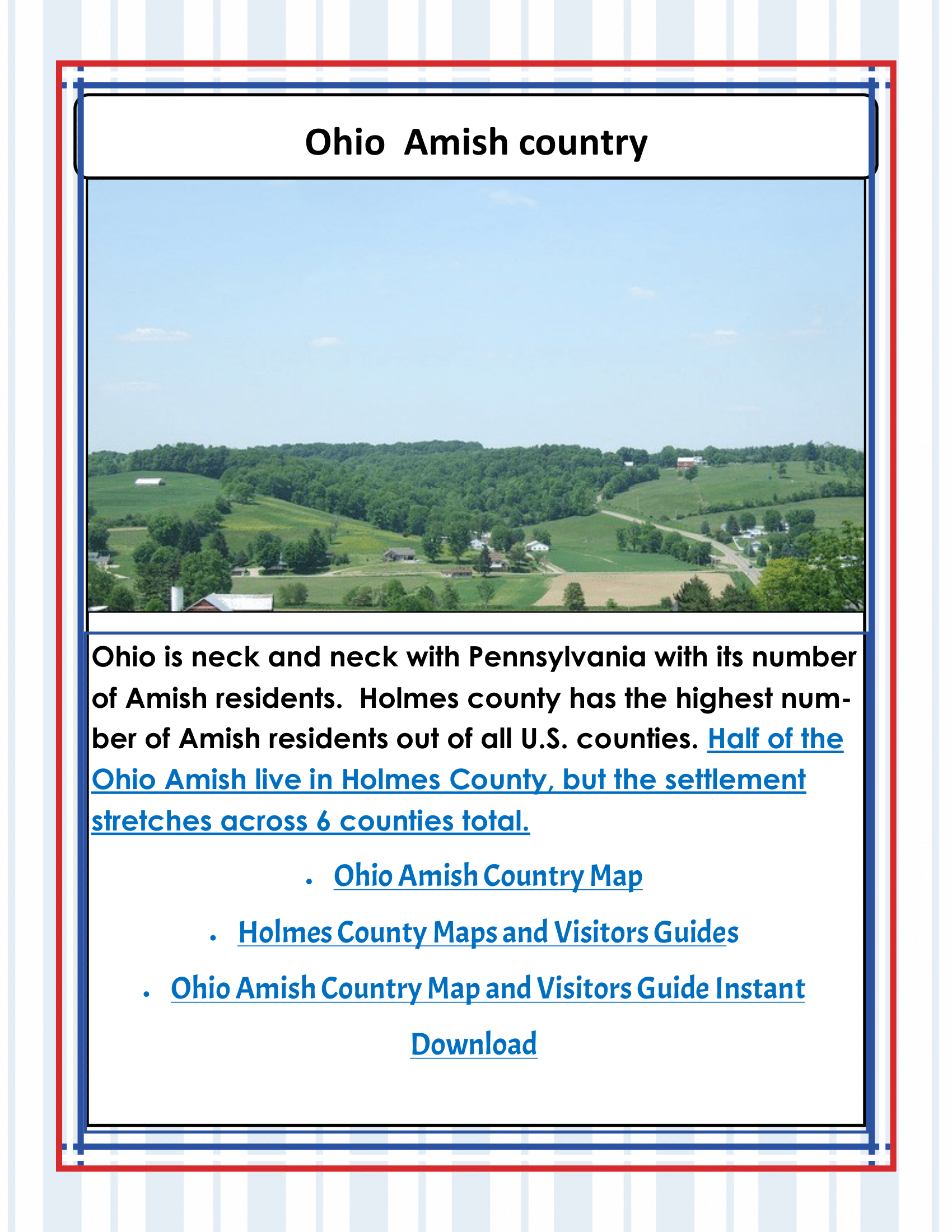 Create an engaging informational flyer about Ohio Amish country, emphasizing Holmes County as having the highest number of Amish residents. Enhance your experience with the Ohio Travel Guide and Activity Kit for Kids from Wondermom Shop, featuring links to maps, visitor guides, and a variety of Ohio activities.