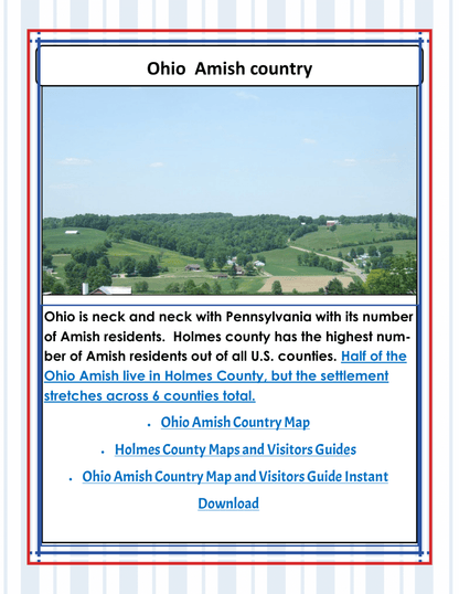 Create an engaging informational flyer about Ohio Amish country, emphasizing Holmes County as having the highest number of Amish residents. Enhance your experience with the Ohio Travel Guide and Activity Kit for Kids from Wondermom Shop, featuring links to maps, visitor guides, and a variety of Ohio activities.
