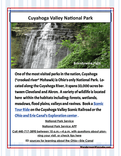 Flyer for Cuyahoga Valley National Park featuring an image of Brandywine Falls. Includes park information, visiting hours, contact details, and highlights like scenic tours, the Ohio-Erie Canal Exploration Center, and Cleveland visitor information. Plus, check out the Ohio Travel Guide and Activity Kit for Kids by Wondermom Shop!