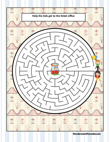 An illustration from the Ohio Travel Guide and Activity Kit for Kids by Wondermom Shop shows a maze with a ticket booth in the center and two children holding balloons at its entrance. The maze's objective is "Help the kids get to the ticket office." This engaging activity, much like Ohio state coloring pages, brings an extra layer of excitement to young explorers learning about activities in Ohio.