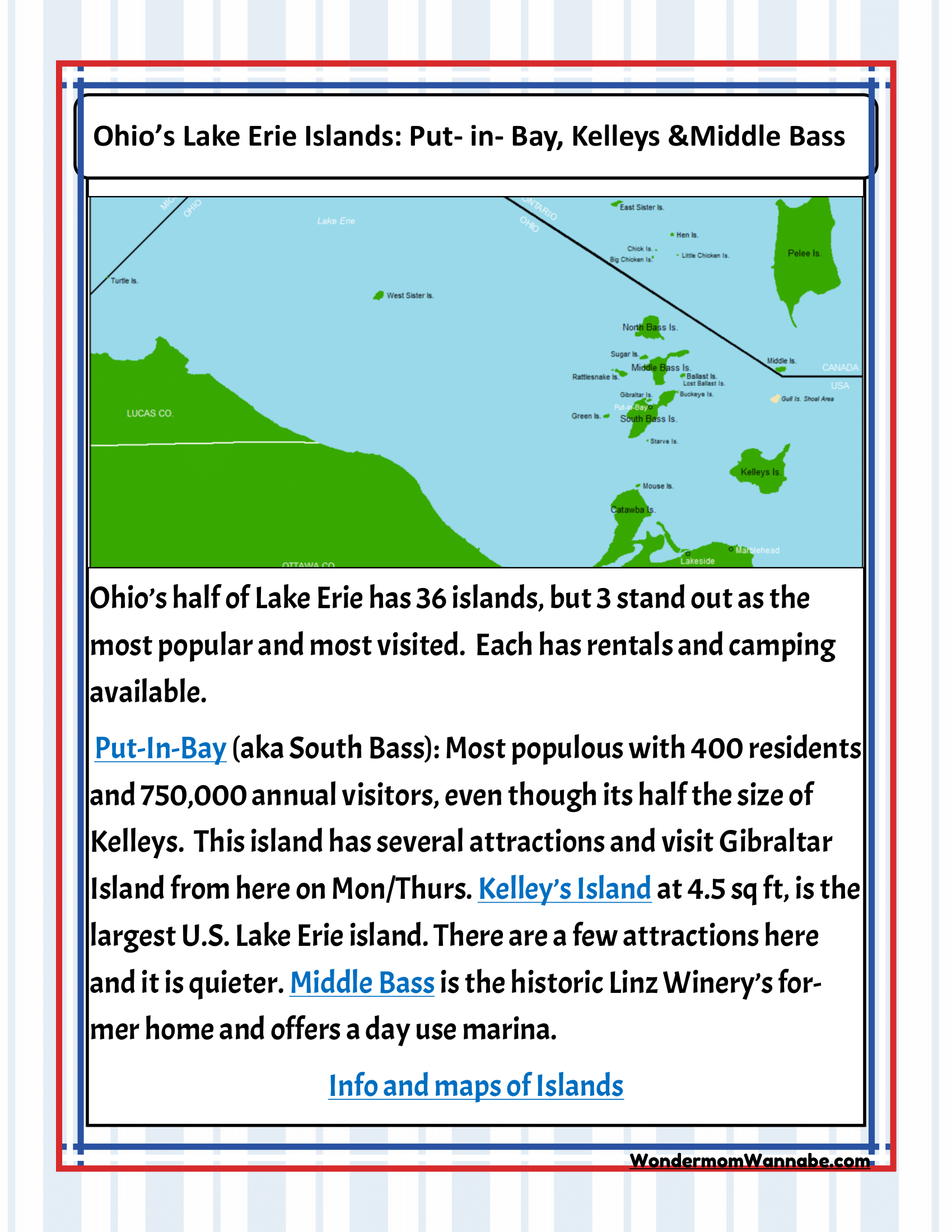 Discover Ohio's Lake Erie Islands with the Ohio Travel Guide and Activity Kit for Kids from Wondermom Shop. This comprehensive infographic showcases Put-in-Bay, Kelleys Island, and Middle Bass Island, complete with detailed descriptions of attractions, maps, and notable features of each island. Ideal for those in Cleveland looking for exciting Ohio activities.