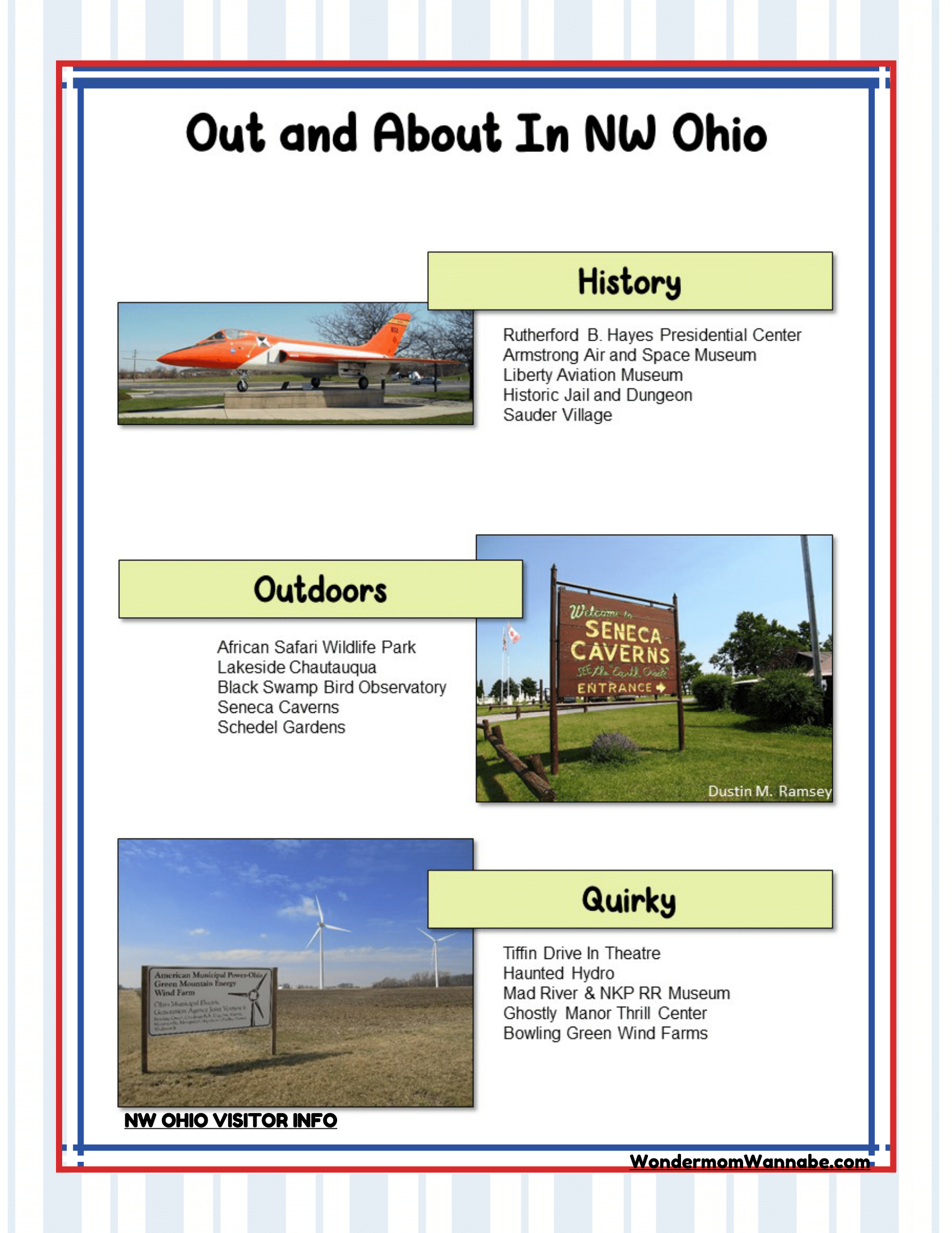 Flyer titled "Out and About In NW Ohio" featuring historical sites, outdoor activities, and quirky attractions with images of Seneca Caverns and Tiffin Drive-in Theatre. Ideal for families planning to explore Ohio activities or seeking Cleveland visitor information for an exciting adventure! Check out the Ohio Travel Guide and Activity Kit for Kids from Wondermom Shop.