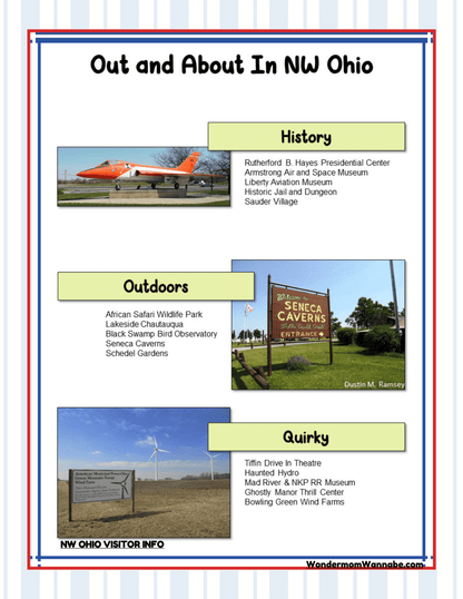 Flyer titled "Out and About In NW Ohio" featuring historical sites, outdoor activities, and quirky attractions with images of Seneca Caverns and Tiffin Drive-in Theatre. Ideal for families planning to explore Ohio activities or seeking Cleveland visitor information for an exciting adventure! Check out the Ohio Travel Guide and Activity Kit for Kids from Wondermom Shop.