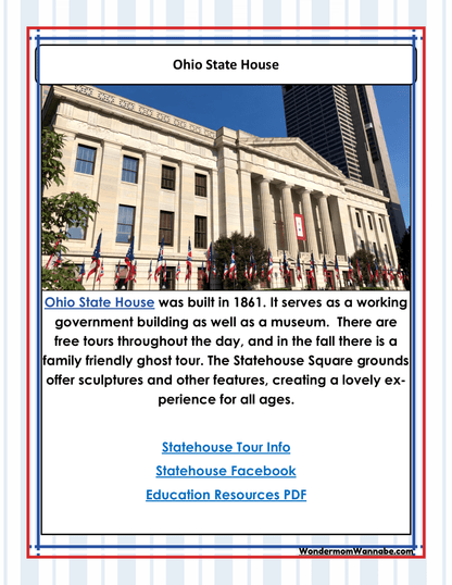 Image of the Ohio Travel Guide and Activity Kit for Kids by Wondermom Shop. The kit highlights the Ohio State House's history, functions, tours, and additional offerings—including links to tour info, Facebook, an educational PDF, and Ohio state coloring pages. Perfect for discovering Ohio activities or enhancing Cleveland visitor information.